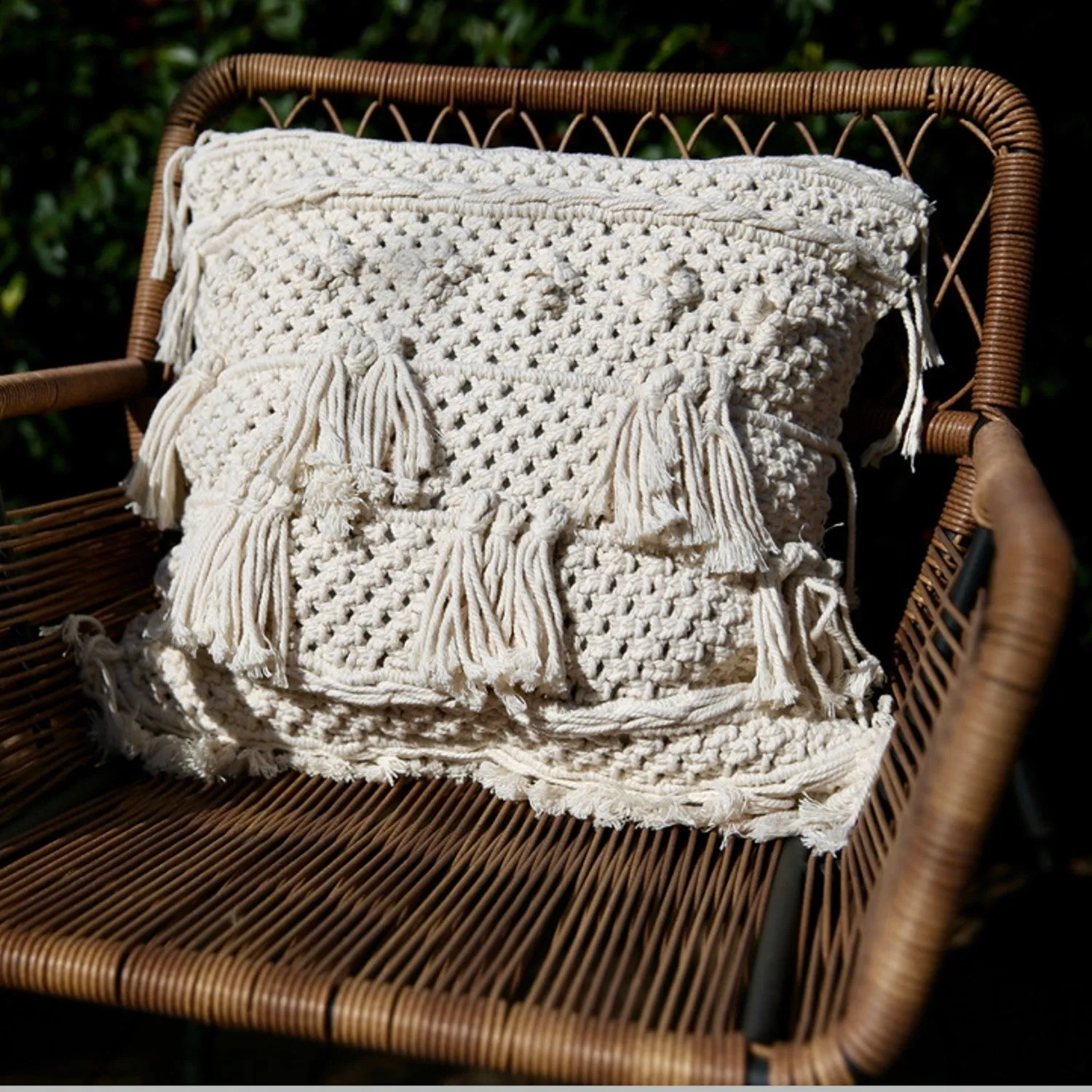 Natural Cotton Macramé Cushion Cover Tassels Fringe Bohemian 45cm