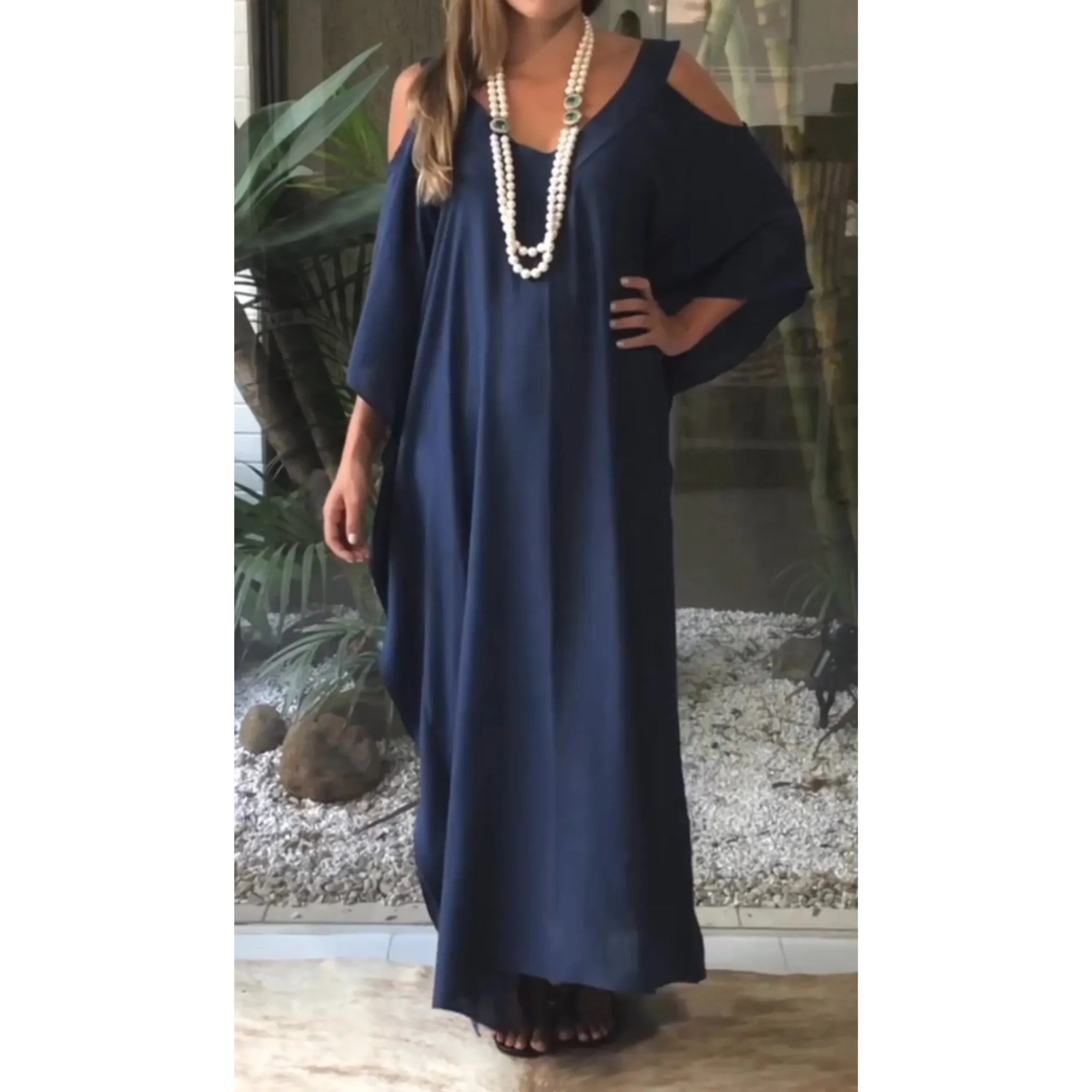 Navy Cold Shoulder Soft n Breezy cotton Kaftan