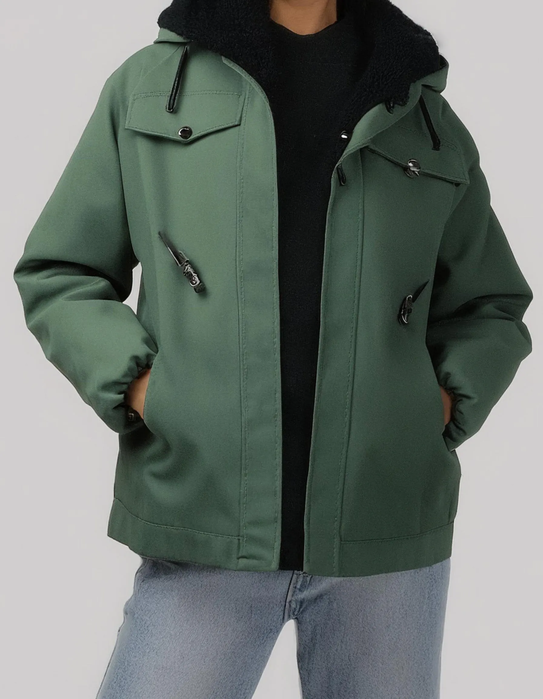 Olive Green Hooded Parka Jacket with Pockets