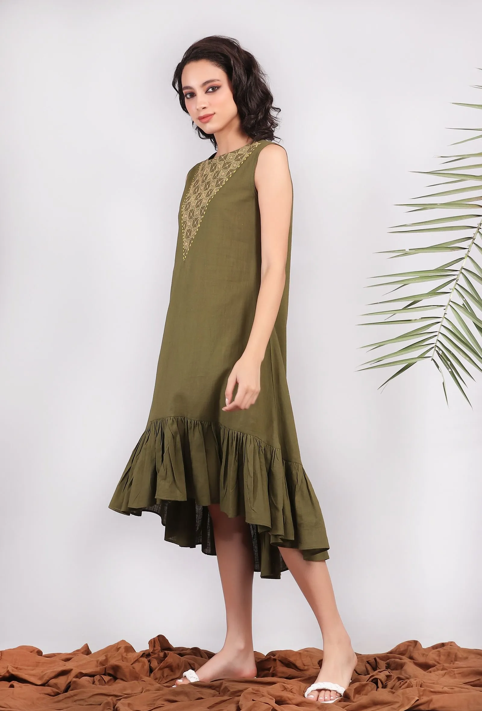 Olive Green Kantha Asymmetrical Tiered Dress