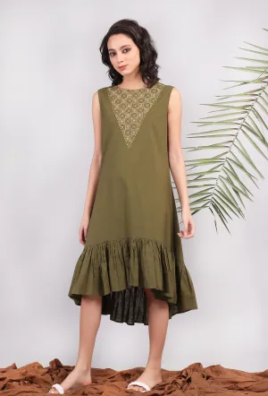 Olive Green Kantha Asymmetrical Tiered Dress