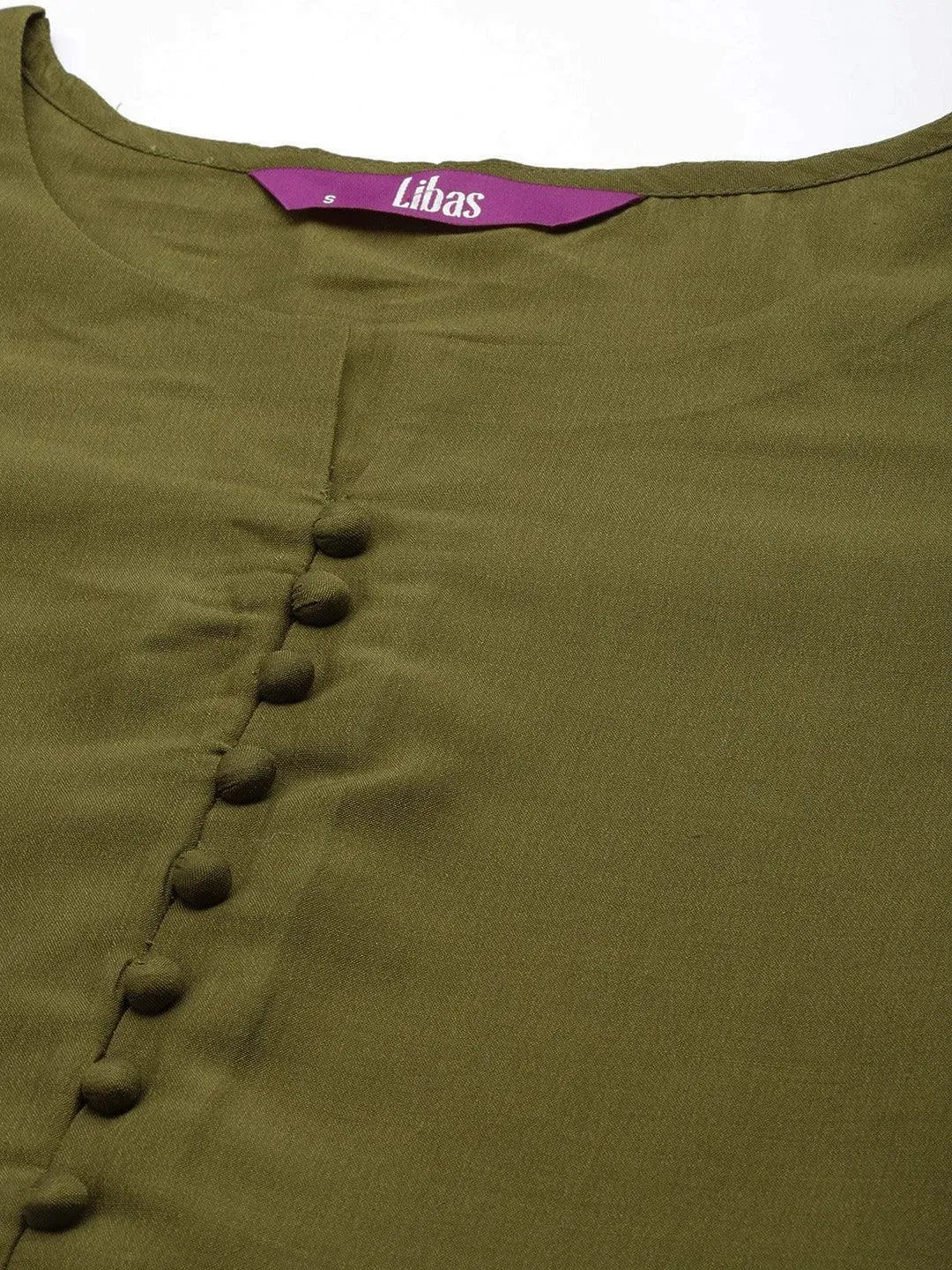 Olive Solid Silk Blend Straight Kurta With Dupatta