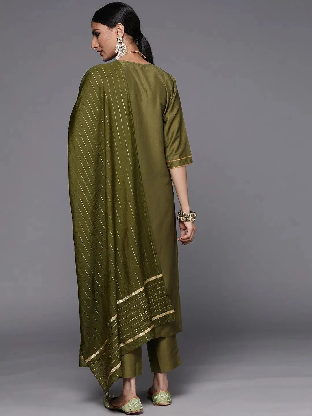 Olive Solid Silk Blend Straight Kurta With Dupatta