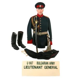 Original Bulgarian WWI Lieutenant General Uniform Set With Trousers, Boots, Peaked Visor, Brocade Belt and Dress Sword by E & F Horster - Formerly Part of the A.A.F. Tank Museum