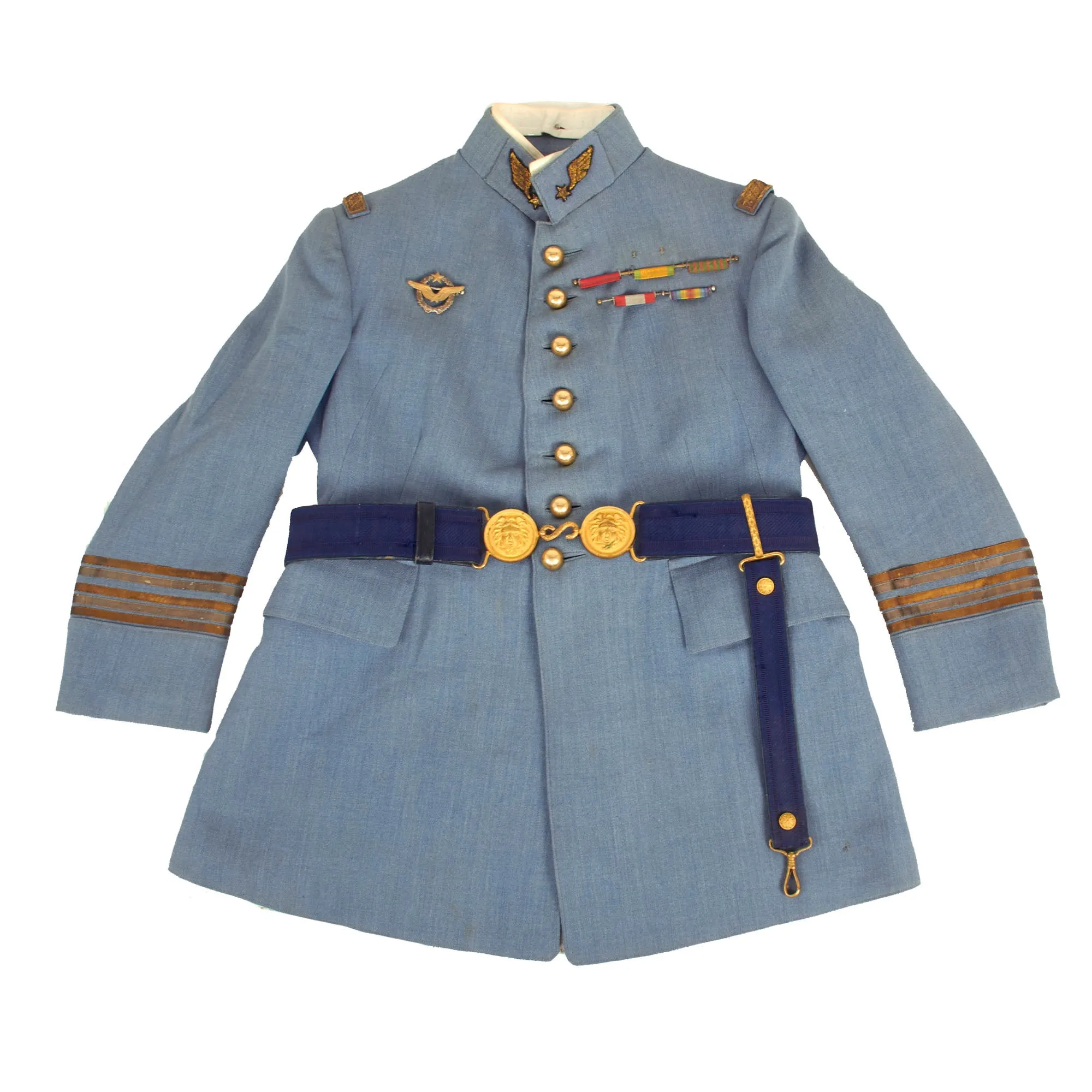 Original France WWI Pilot Armée de l'Air French Air Service Officer’s Uniform Set With Tunic, Trousers, Sword Belt, Kepi and 1882 Pattern Officers Sword With Scabbard - 5 Items