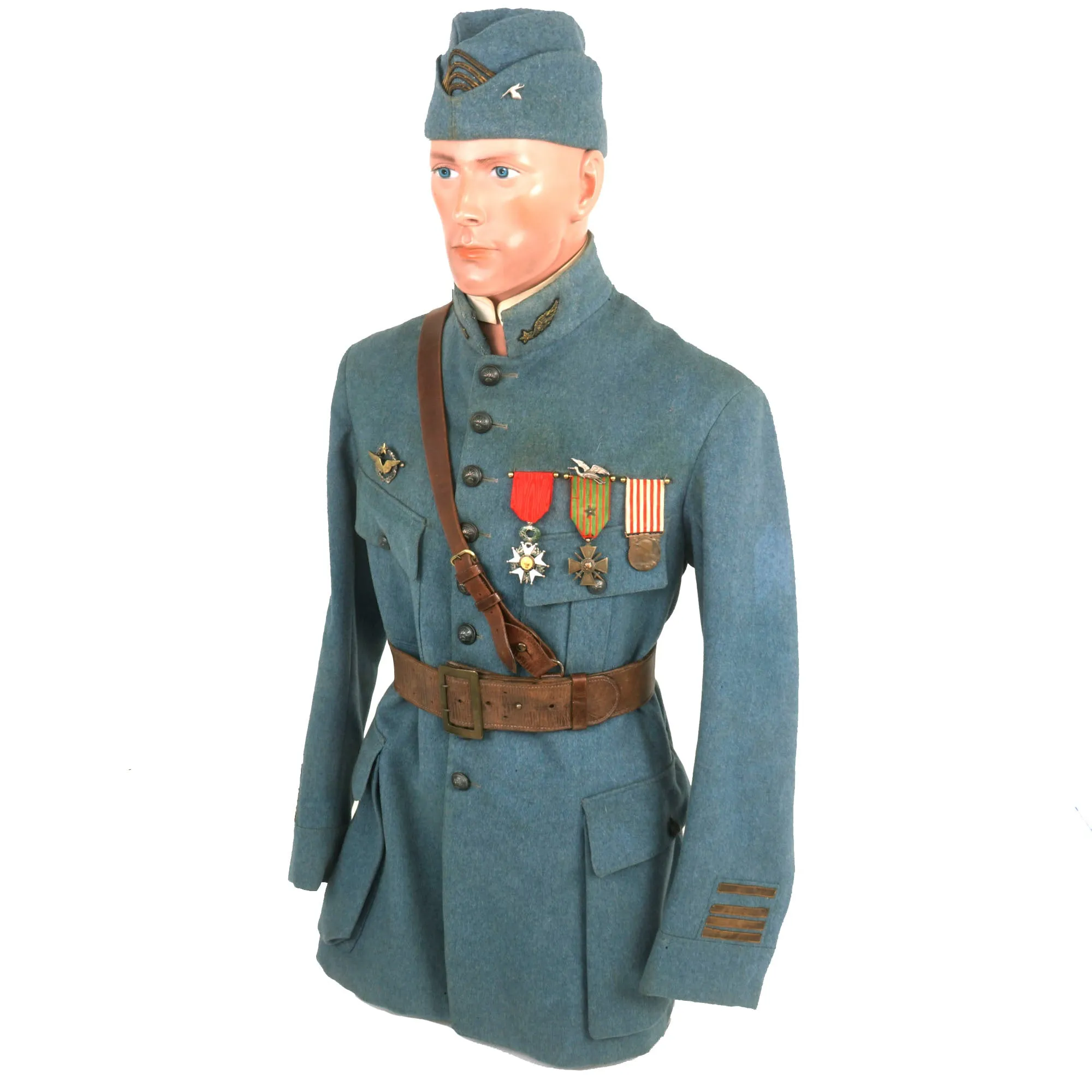 Original France WWI Pilot Armée de l'Air French Air Service Wounded Commandant Officer’s Uniform Set With Tunic, Trousers, Sam Browne Belt, Medals, and Overseas Cap with Squadron Insignia - 'Stork Escadrille N3'