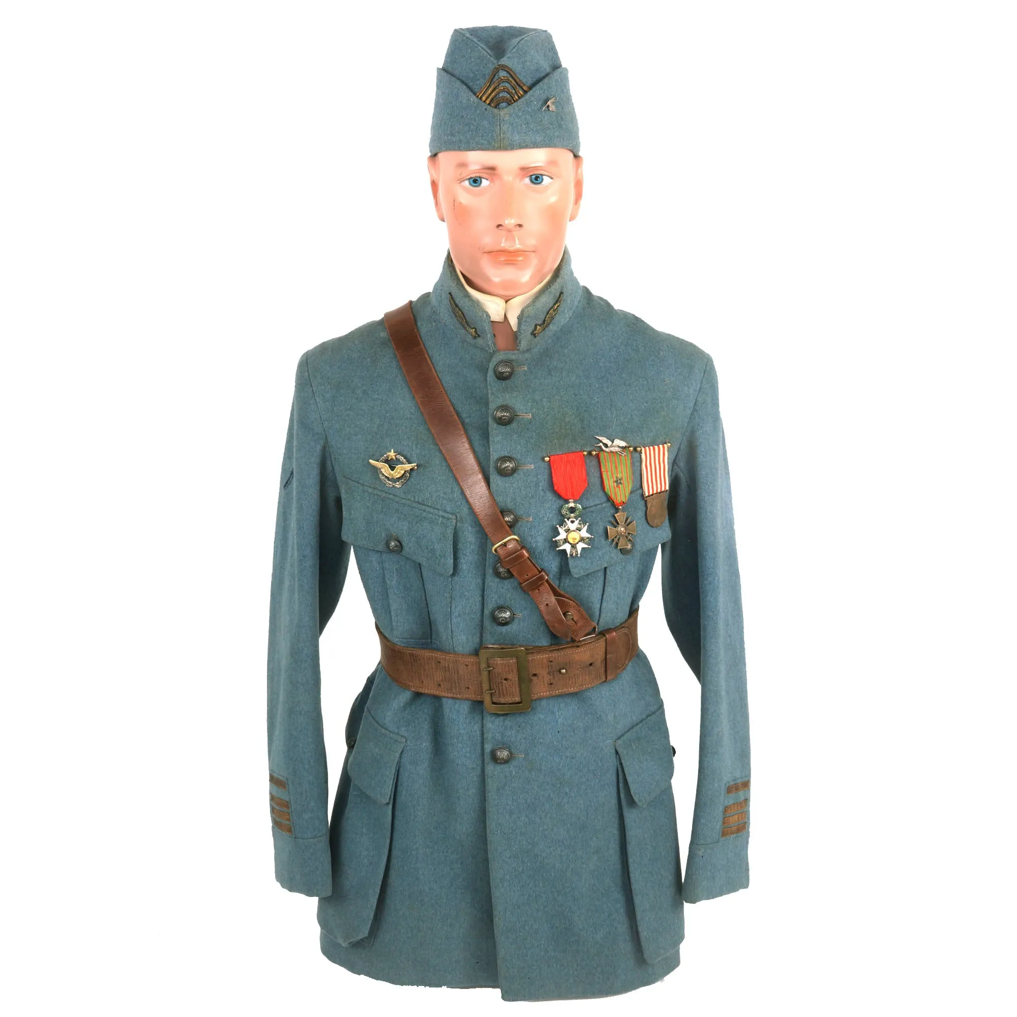 Original France WWI Pilot Armée de l'Air French Air Service Wounded Commandant Officer’s Uniform Set With Tunic, Trousers, Sam Browne Belt, Medals, and Overseas Cap with Squadron Insignia - 'Stork Escadrille N3'