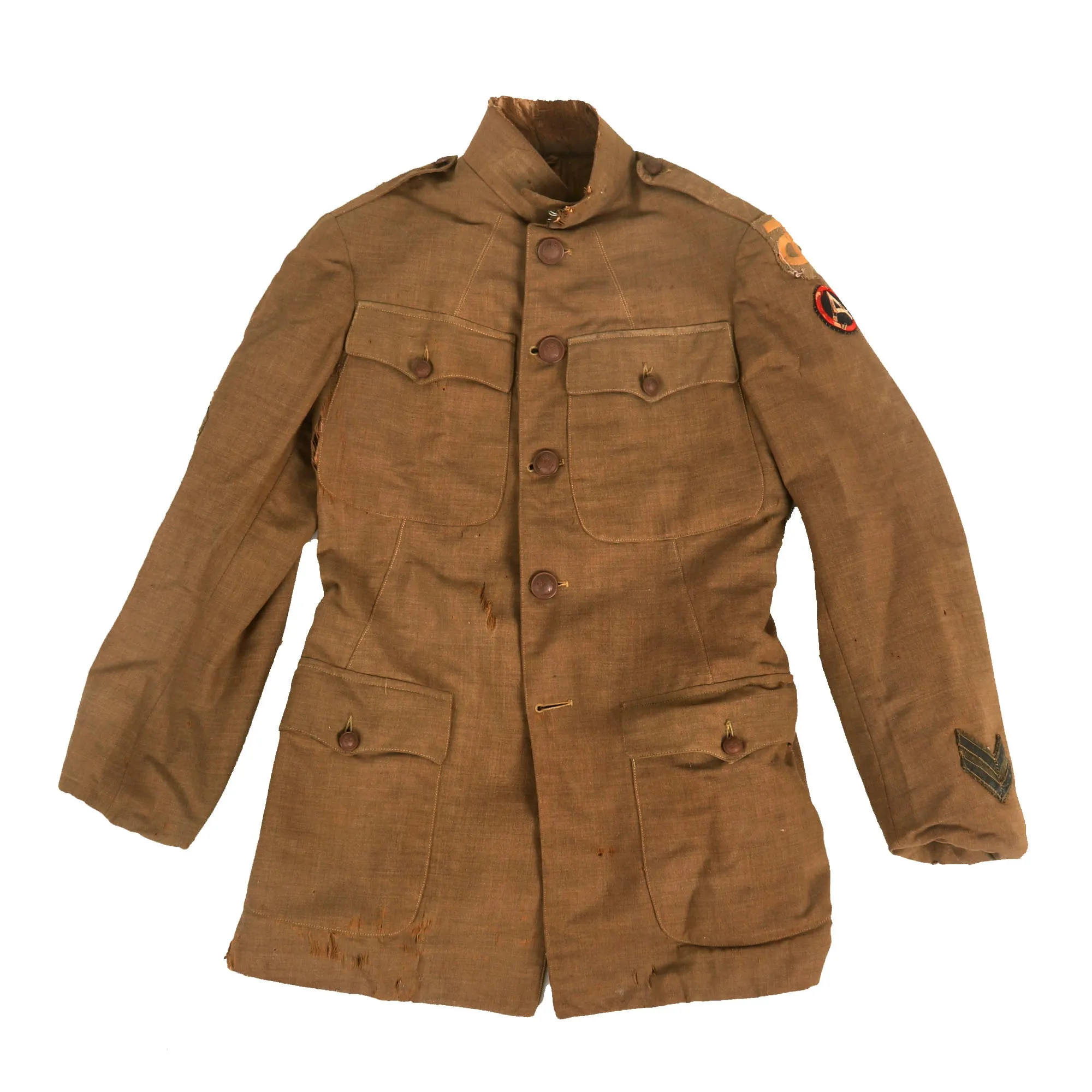 Original U.S. WWI Named Tough ‘Ombres 90th Division Uniform Grouping - Double Patched Uniform - Bag of Captured German Souvenirs