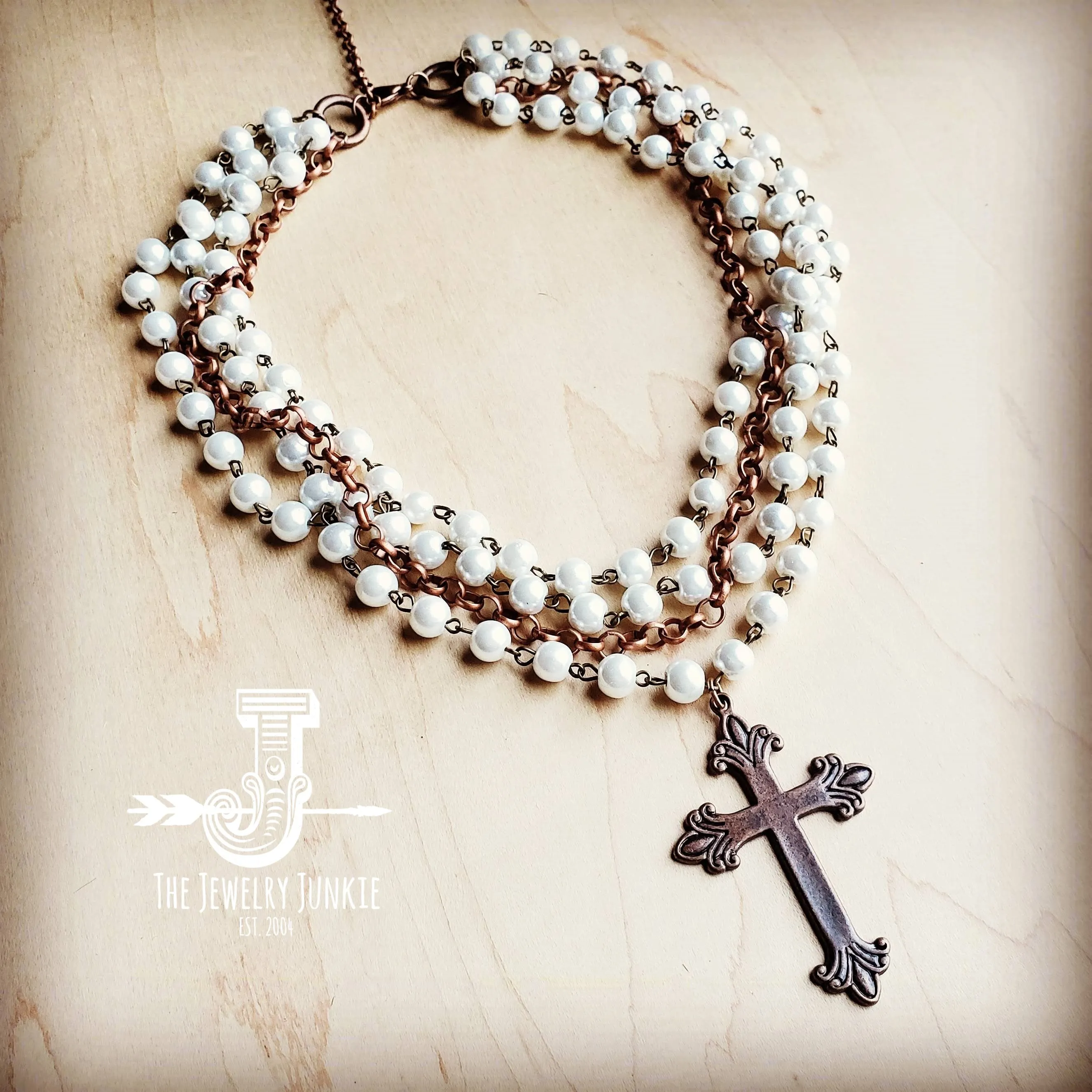 Pearl and Copper Collar-Length Necklace with Copper Cross 114G