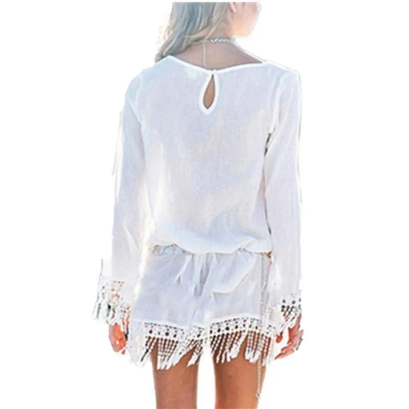 Plus Size - Bohemian O Neck Lace Tassel Chiffon Long Shirt / Mini Dresses (US 10-22w)