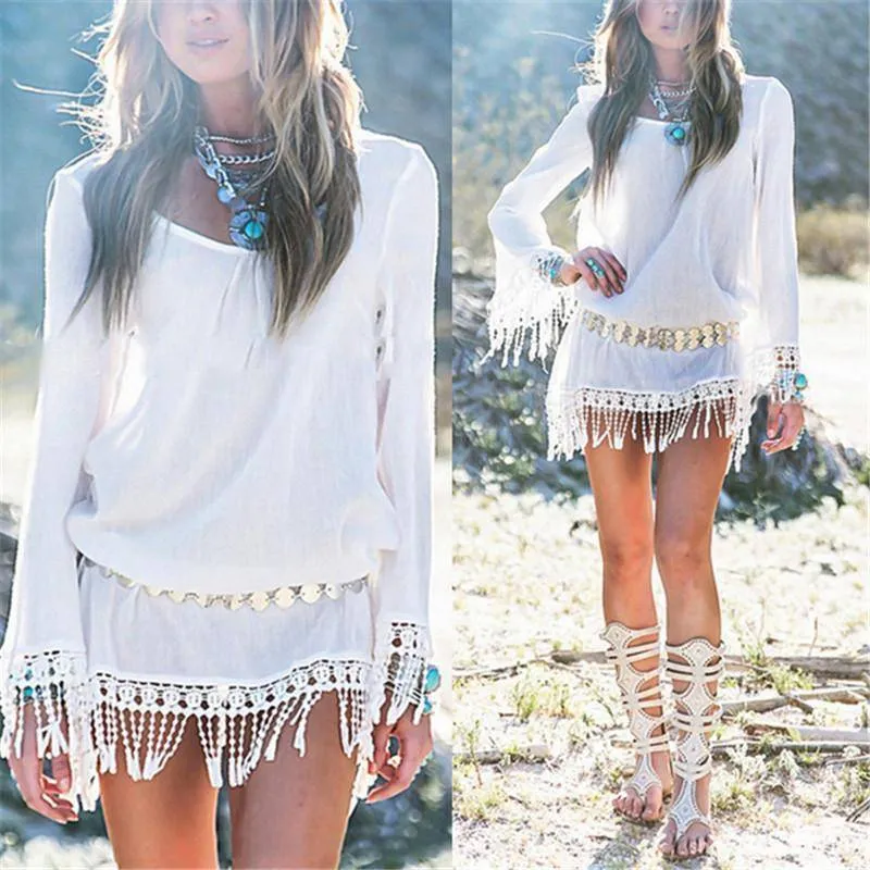 Plus Size - Bohemian O Neck Lace Tassel Chiffon Long Shirt / Mini Dresses (US 10-22w)