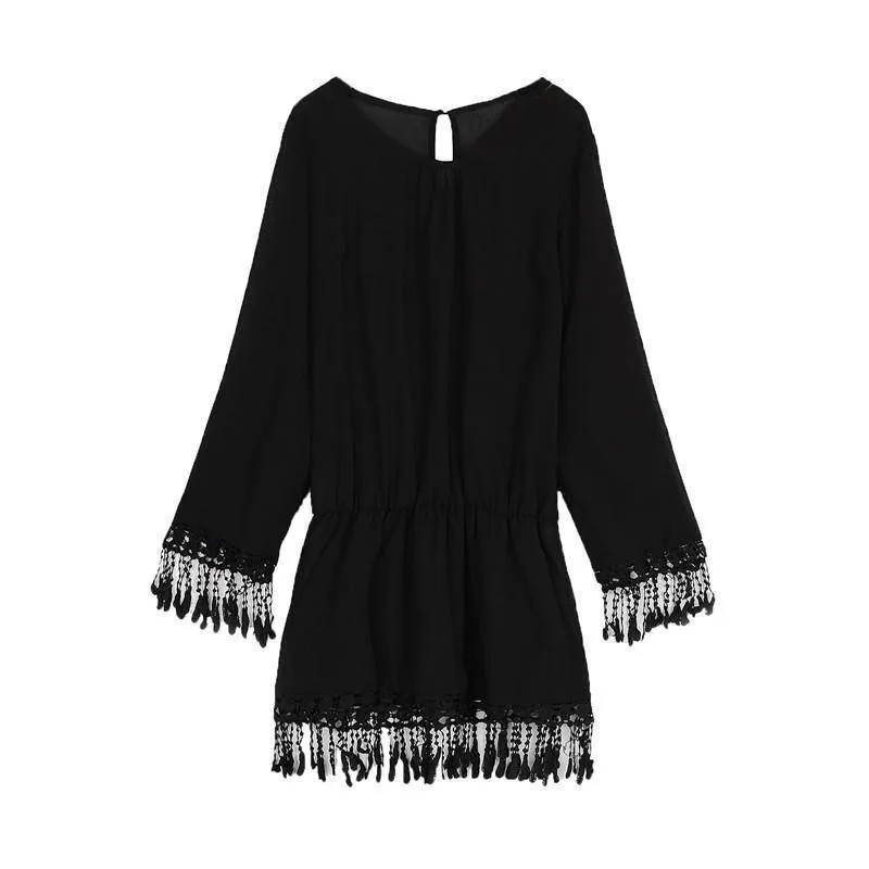 Plus Size - Bohemian O Neck Lace Tassel Chiffon Long Shirt / Mini Dresses (US 10-22w)