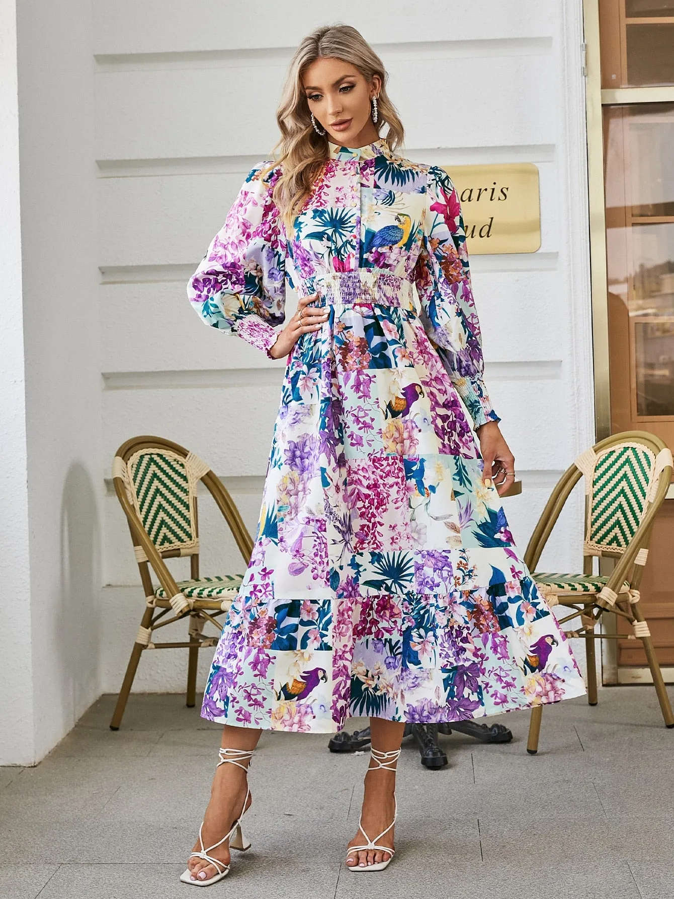 Puff sleeve print women shirt dress Boho elastic waist button patchwork office dresses Holiday floral split maxi vestido