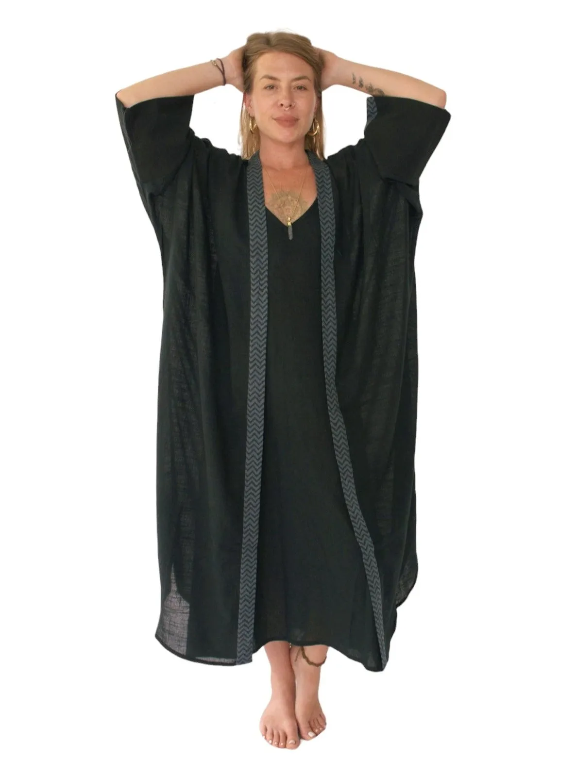 Raw Cotton Black Long Kimono