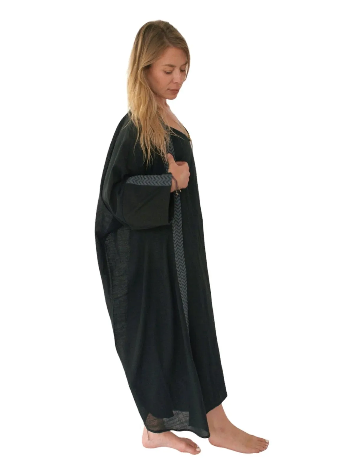 Raw Cotton Black Long Kimono