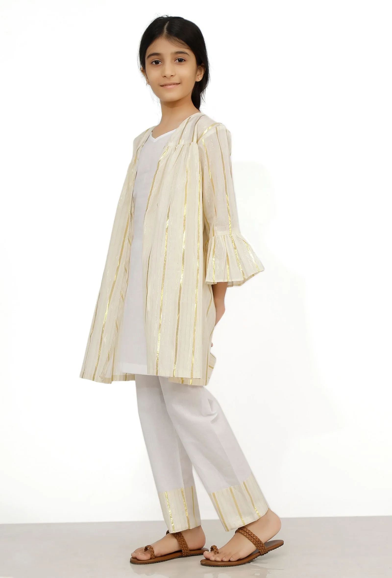 Set of 3: Sand White Cotton Slip Kurta with Stripe Pants and Cape