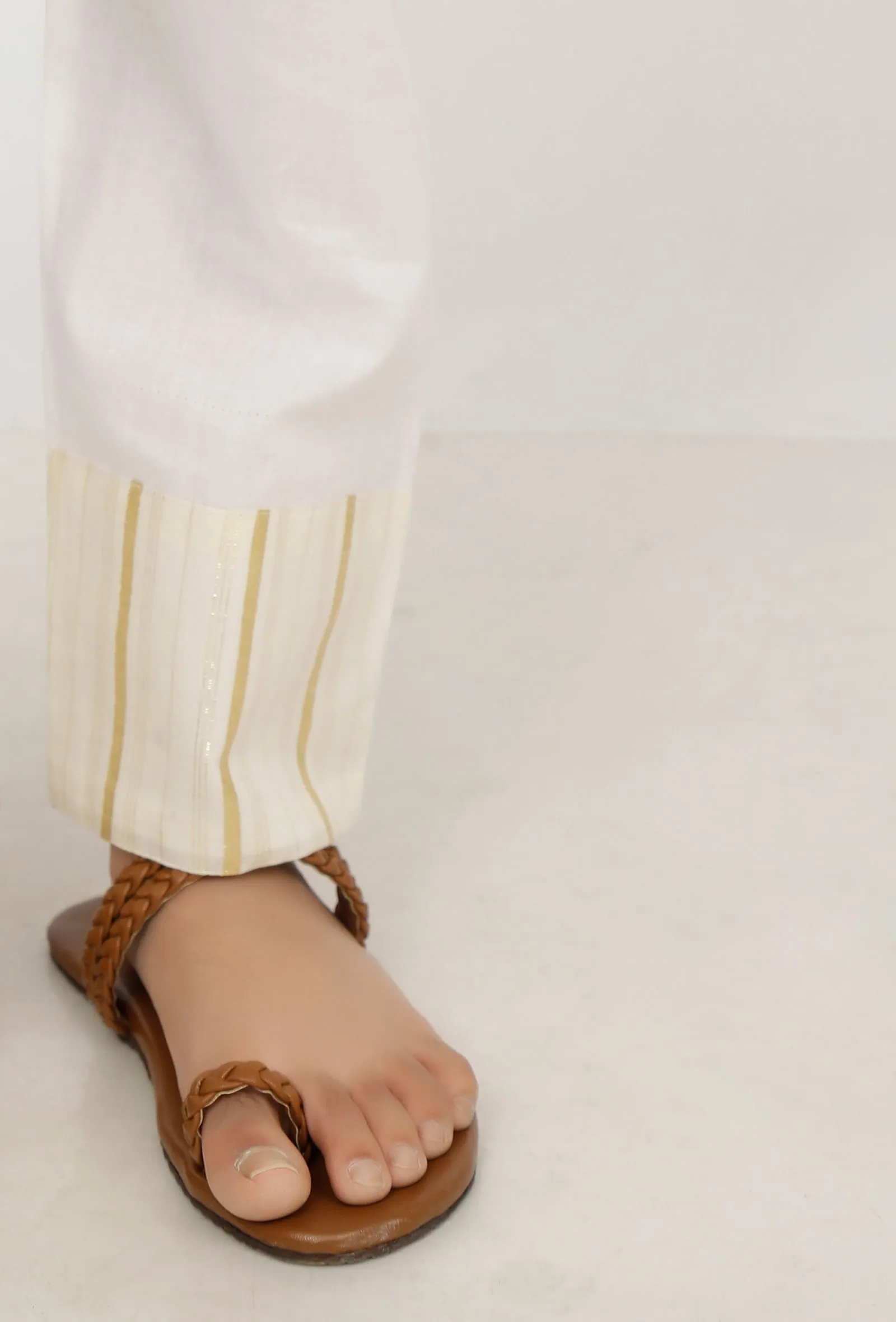 Set of 3: Sand White Cotton Slip Kurta with Stripe Pants and Cape