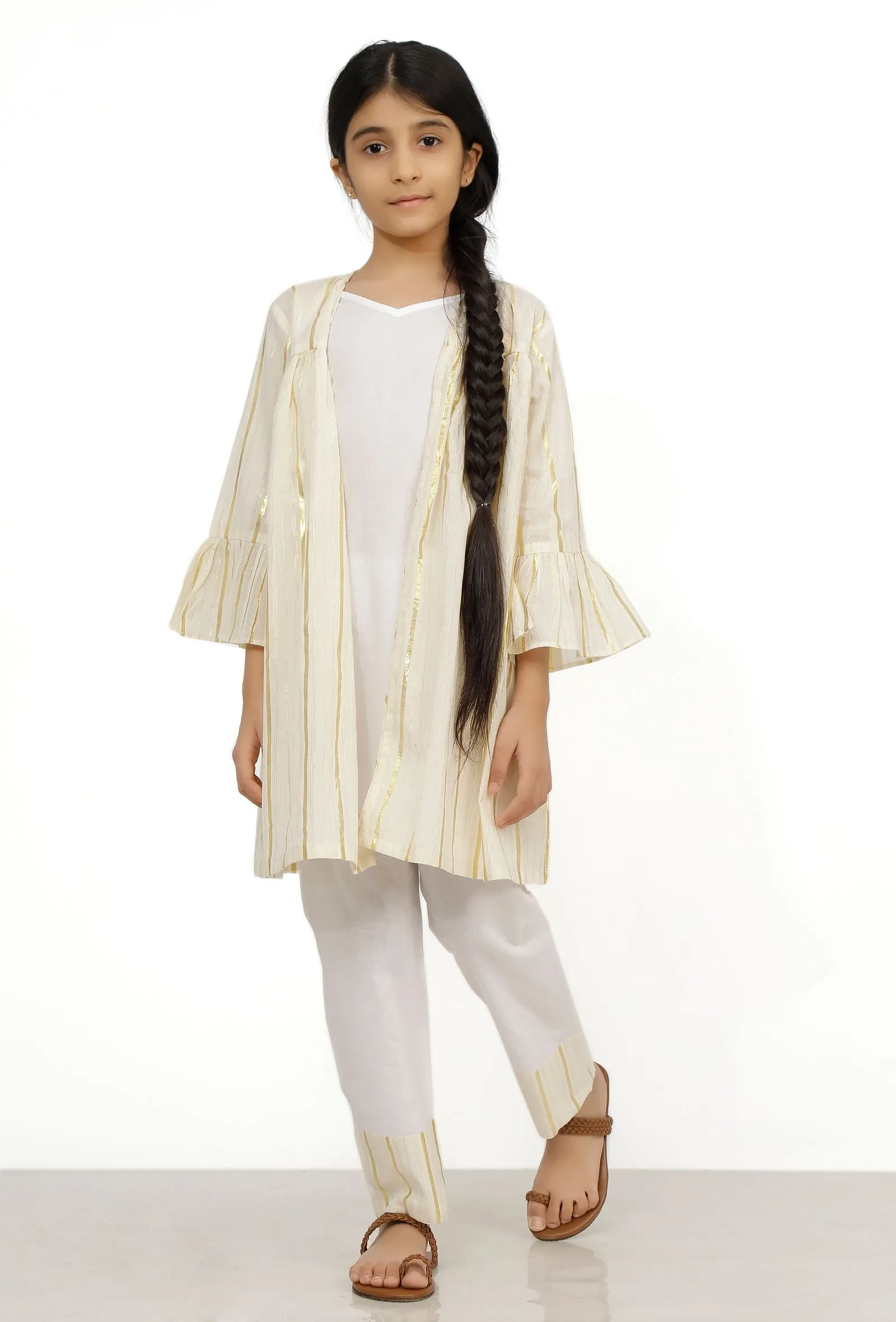 Set of 3: Sand White Cotton Slip Kurta with Stripe Pants and Cape