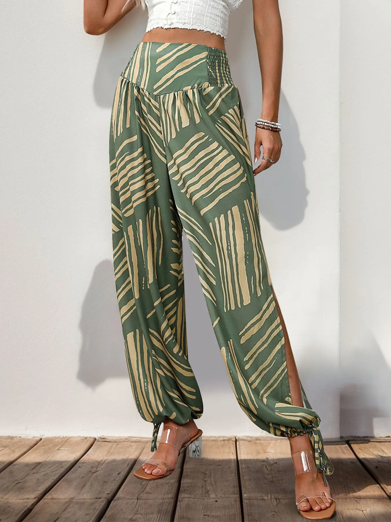 Smocked Slit Printed High Waist Pants