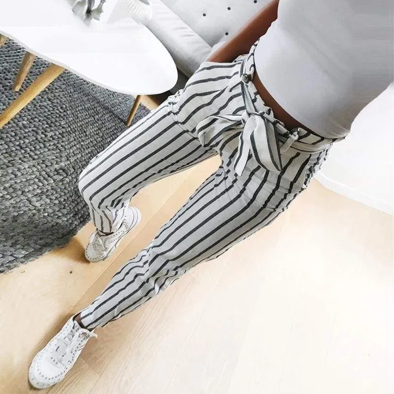 Striped Strechy Elastic High Waist Harem Pants Women Bowtie Belt Slim Long Trousers Women's Casual Capris With Pockets (US 2-16)