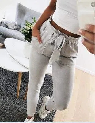 Striped Strechy Elastic High Waist Harem Pants Women Bowtie Belt Slim Long Trousers Women's Casual Capris With Pockets (US 2-16)