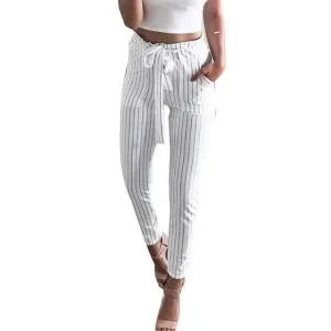 Striped Strechy Elastic High Waist Harem Pants Women Bowtie Belt Slim Long Trousers Women's Casual Capris With Pockets (US 2-16)