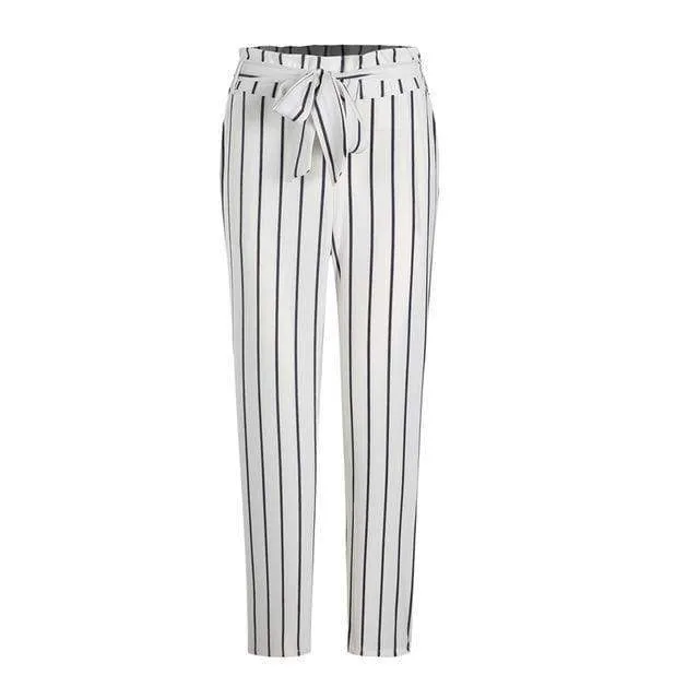 Striped Strechy Elastic High Waist Harem Pants Women Bowtie Belt Slim Long Trousers Women's Casual Capris With Pockets (US 2-16)