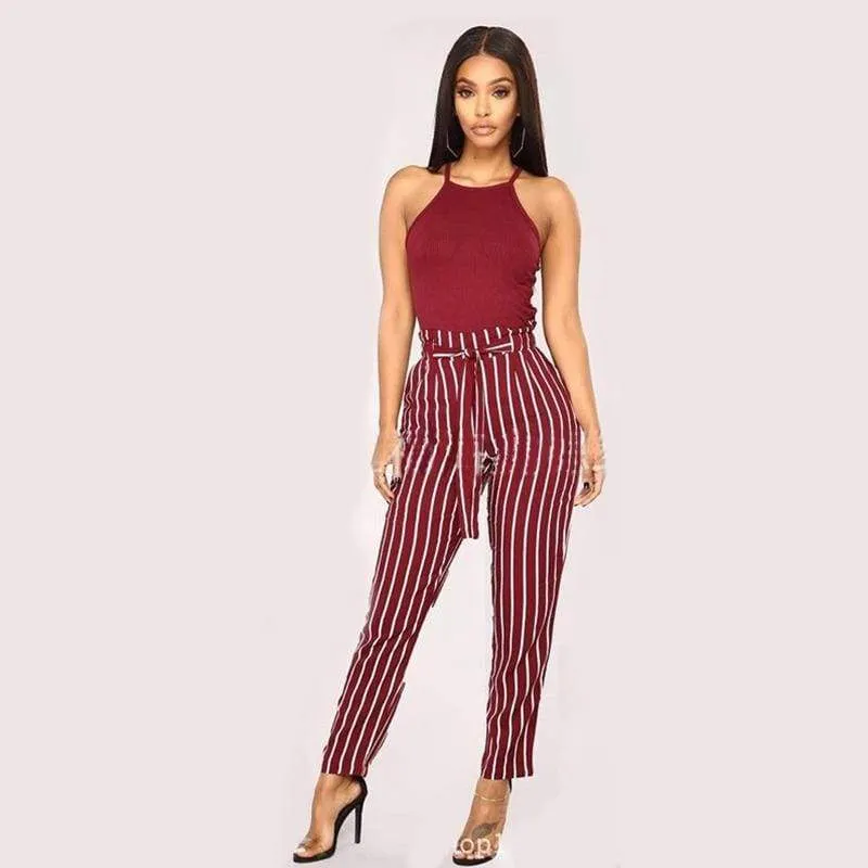 Striped Strechy Elastic High Waist Harem Pants Women Bowtie Belt Slim Long Trousers Women's Casual Capris With Pockets (US 2-16)