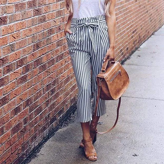 Striped Strechy Elastic High Waist Harem Pants Women Bowtie Belt Slim Long Trousers Women's Casual Capris With Pockets (US 2-16)