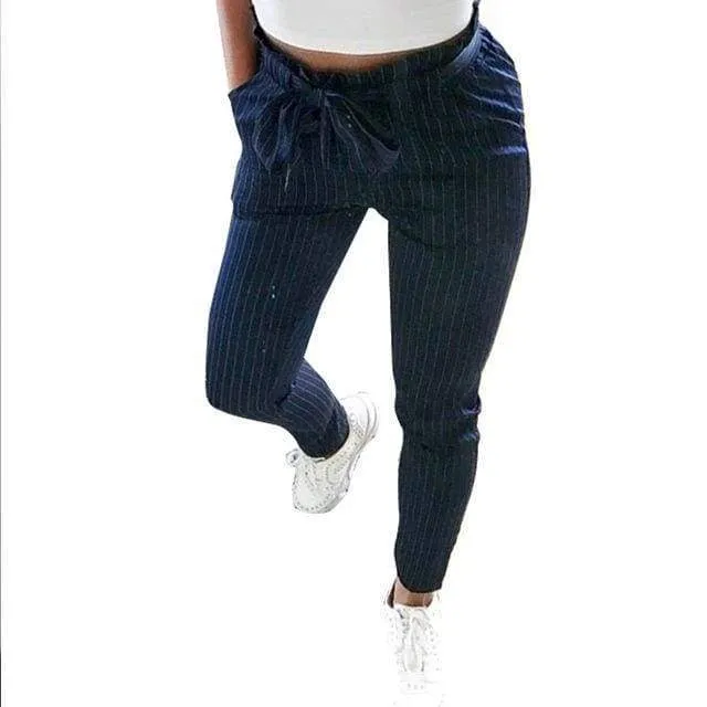 Striped Strechy Elastic High Waist Harem Pants Women Bowtie Belt Slim Long Trousers Women's Casual Capris With Pockets (US 2-16)