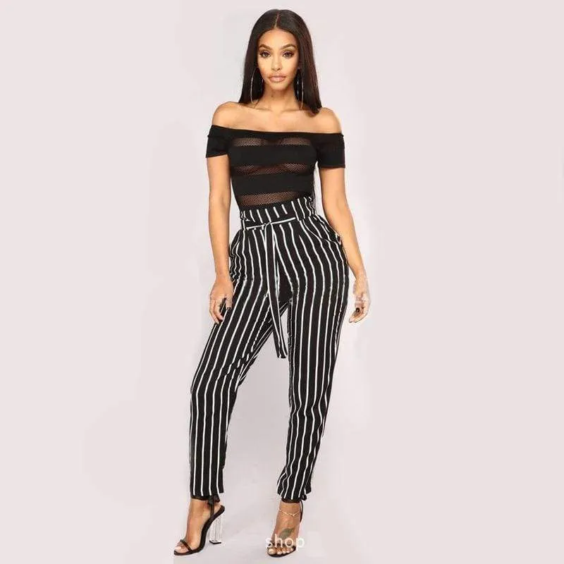 Striped Strechy Elastic High Waist Harem Pants Women Bowtie Belt Slim Long Trousers Women's Casual Capris With Pockets (US 2-16)