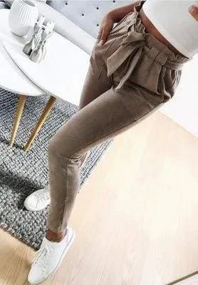 Striped Strechy Elastic High Waist Harem Pants Women Bowtie Belt Slim Long Trousers Women's Casual Capris With Pockets (US 2-16)