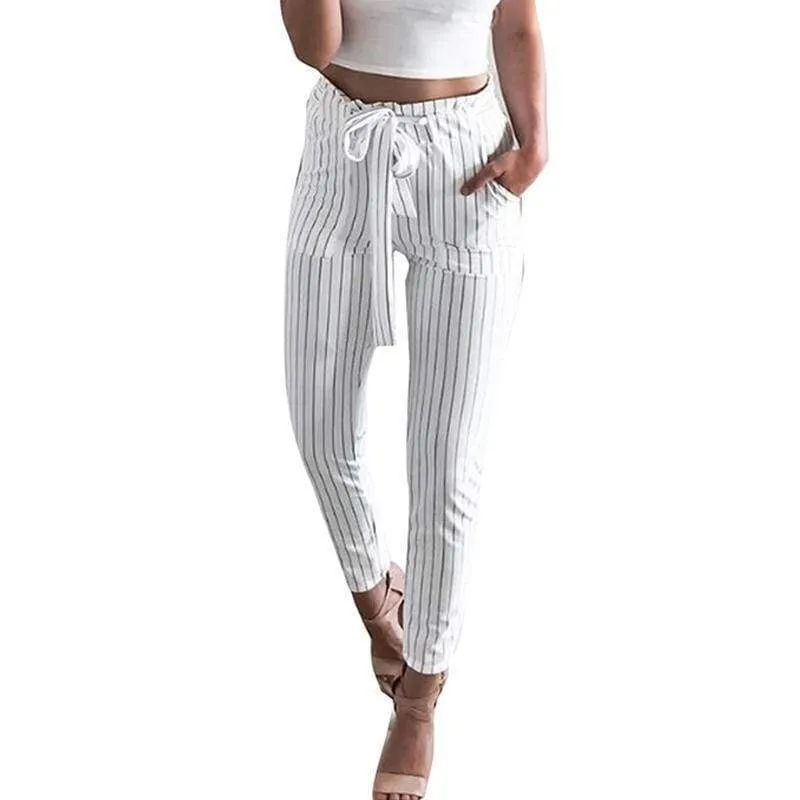 Striped Strechy Elastic High Waist Harem Pants Women Bowtie Belt Slim Long Trousers Women's Casual Capris With Pockets (US 2-16)