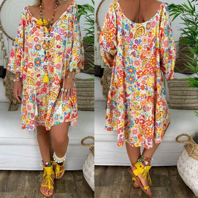 Summer Plus Size Women Boho Floral Print Dress Casual Loose Deep V Neck Holiday Beach Shirt Dress Vestido