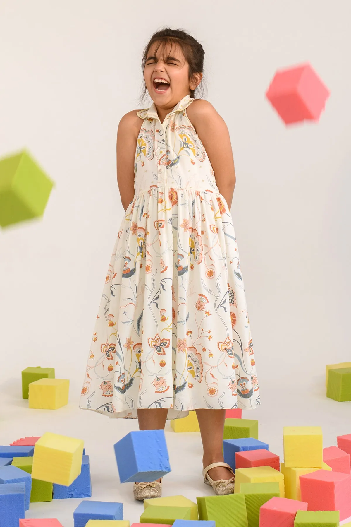 Sunset at Lisse- Floral Print with Embroidered Collar Dress For Girls