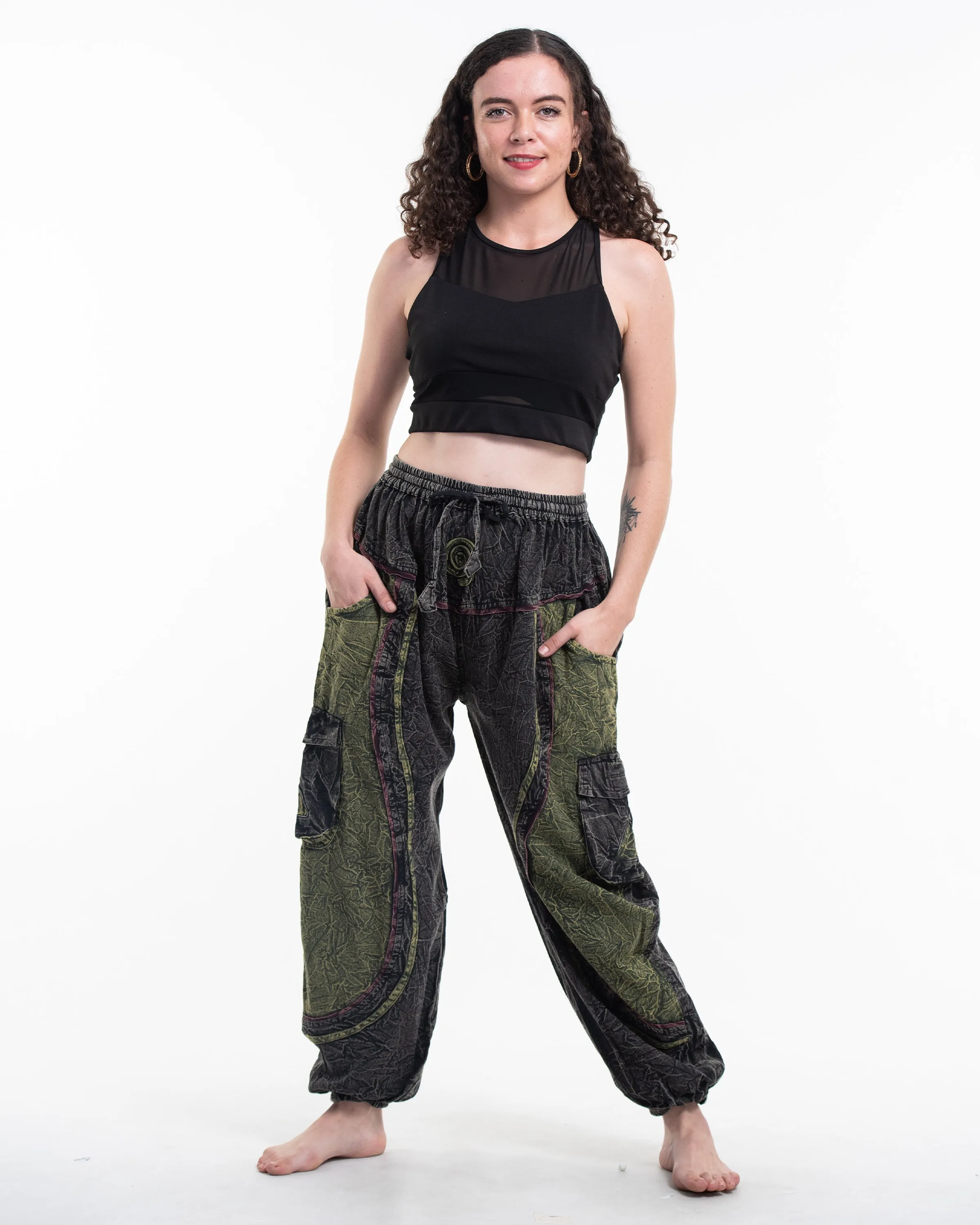 Unisex Patchwork Stone Washed Cargo Cotton Pants in Black 03