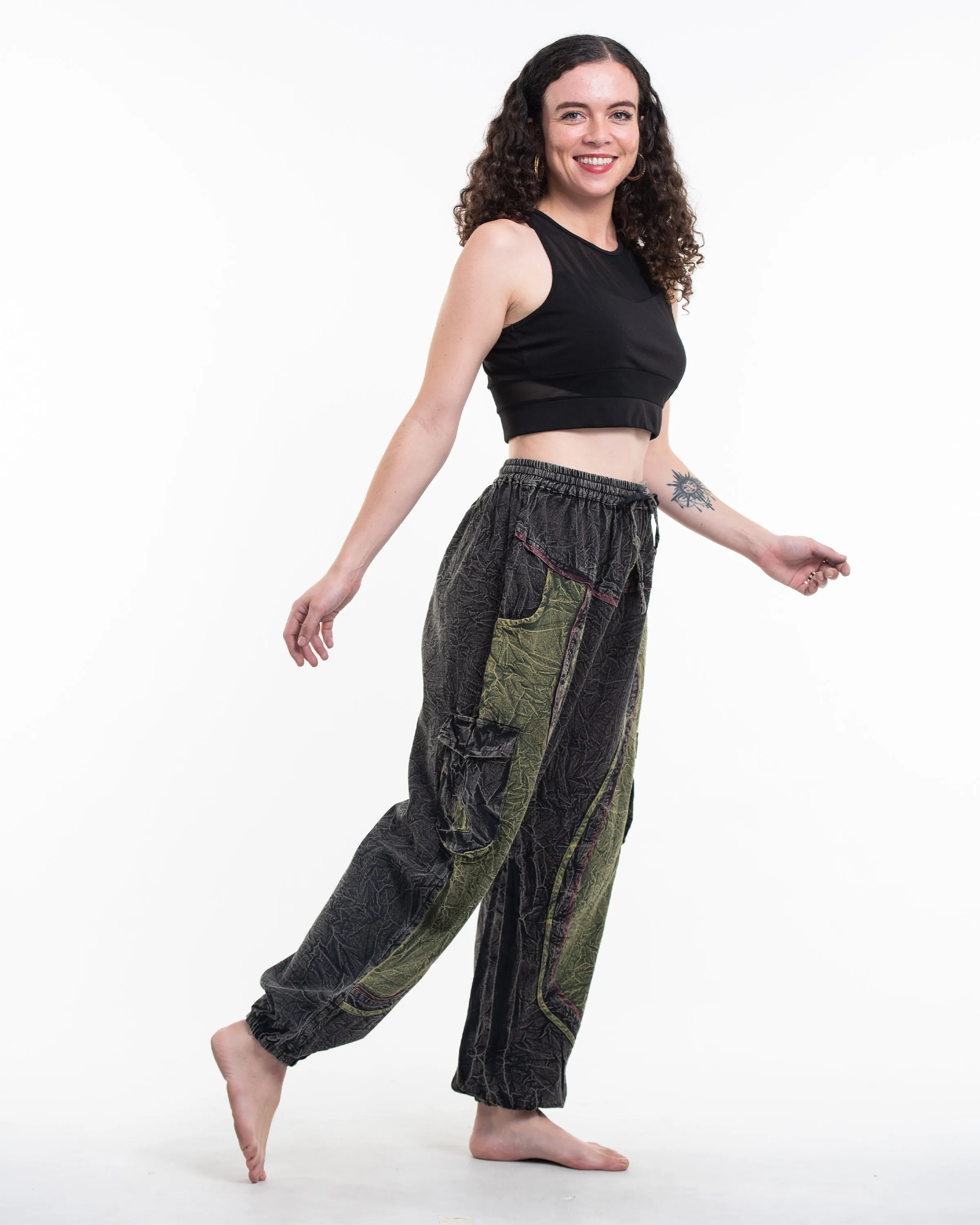 Unisex Patchwork Stone Washed Cargo Cotton Pants in Black 03