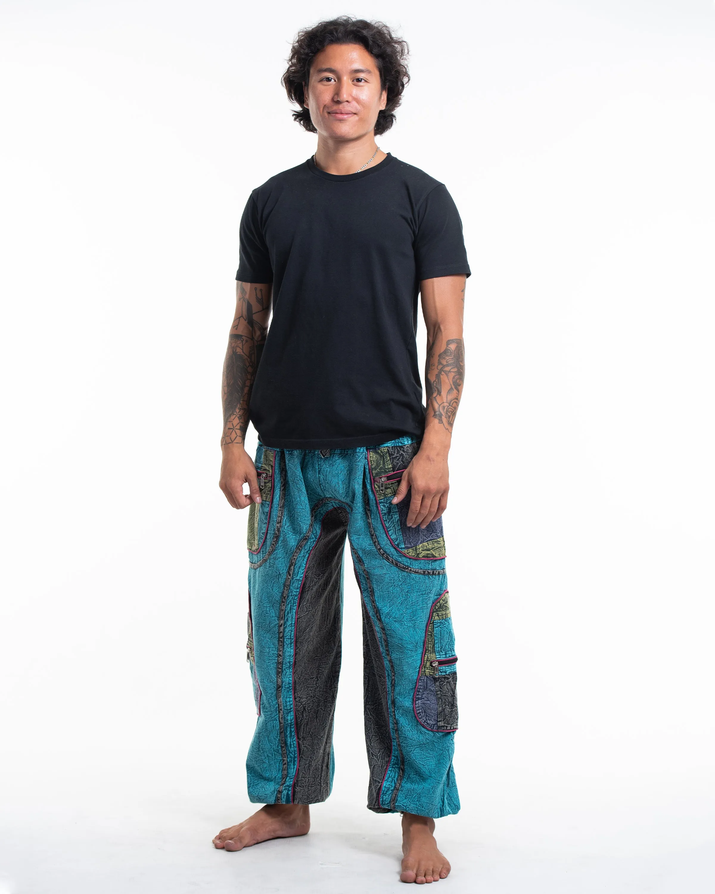 Unisex Patchwork Stone Washed Cargo Cotton Pants in Blue 01