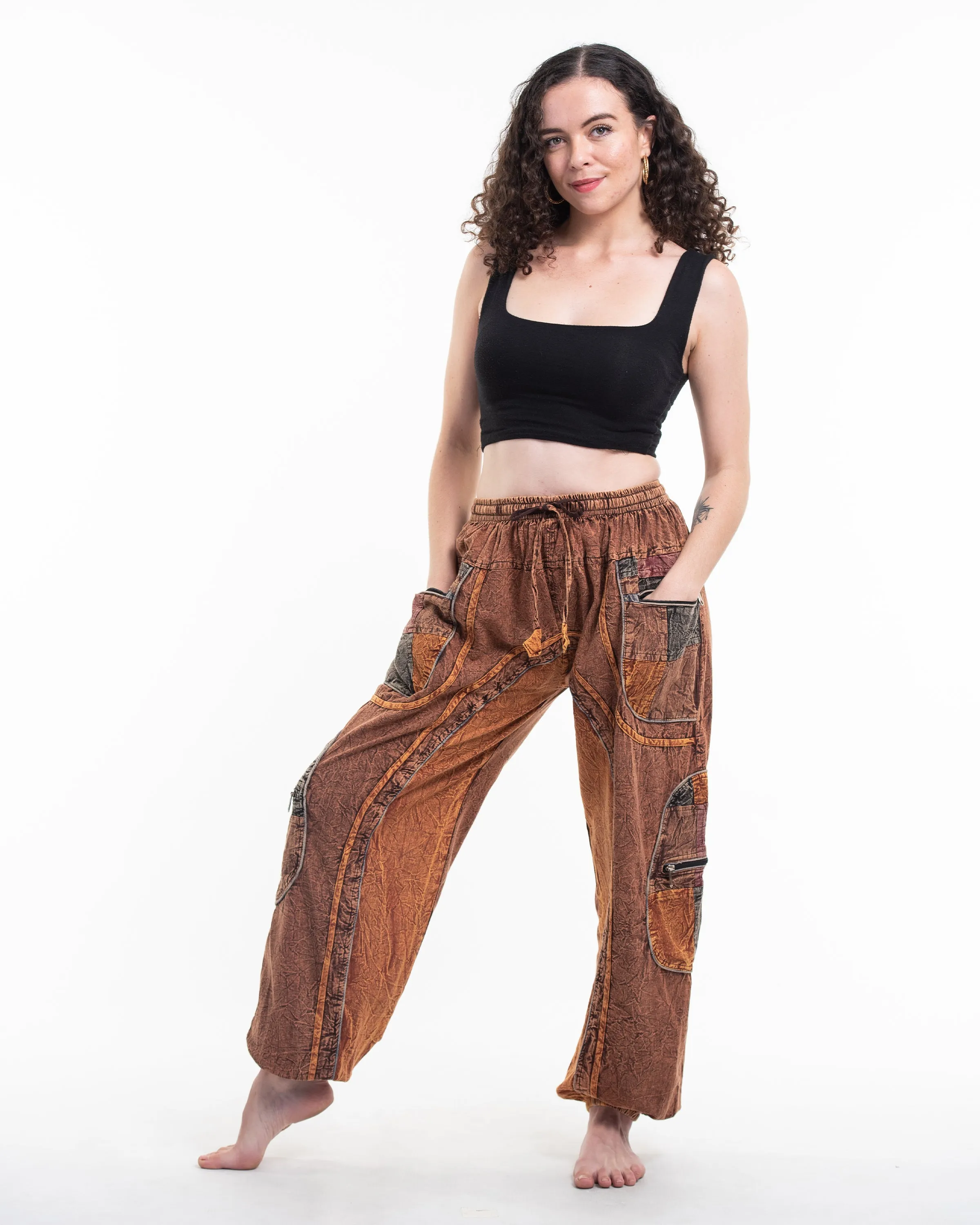 Unisex Patchwork Stone Washed Cargo Cotton Pants in Brown 01