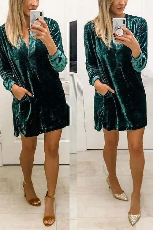 V Neck Pockets Velvet Shirt Dress