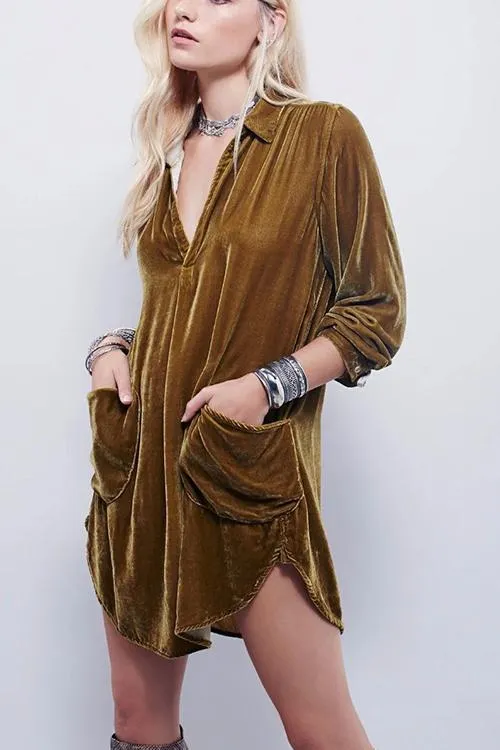 V Neck Pockets Velvet Shirt Dress