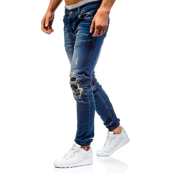 Washed Holes Frayed Jeans for Men Stylish Biker Cotton