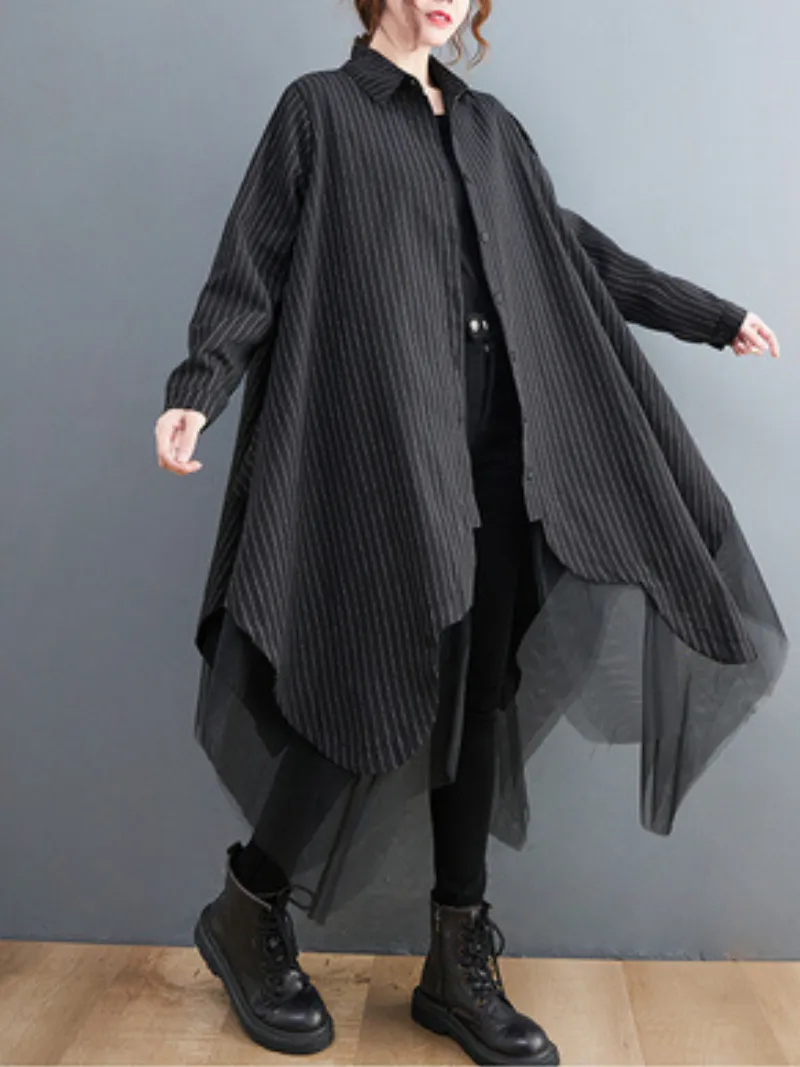 Women Autumn Loose Fashion Striped Mesh Mid-Length Button Shirt Dress