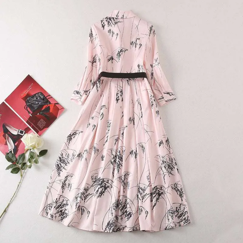 Women's Elegant Long-sleeved Large Swing Shirt Dress with Belt