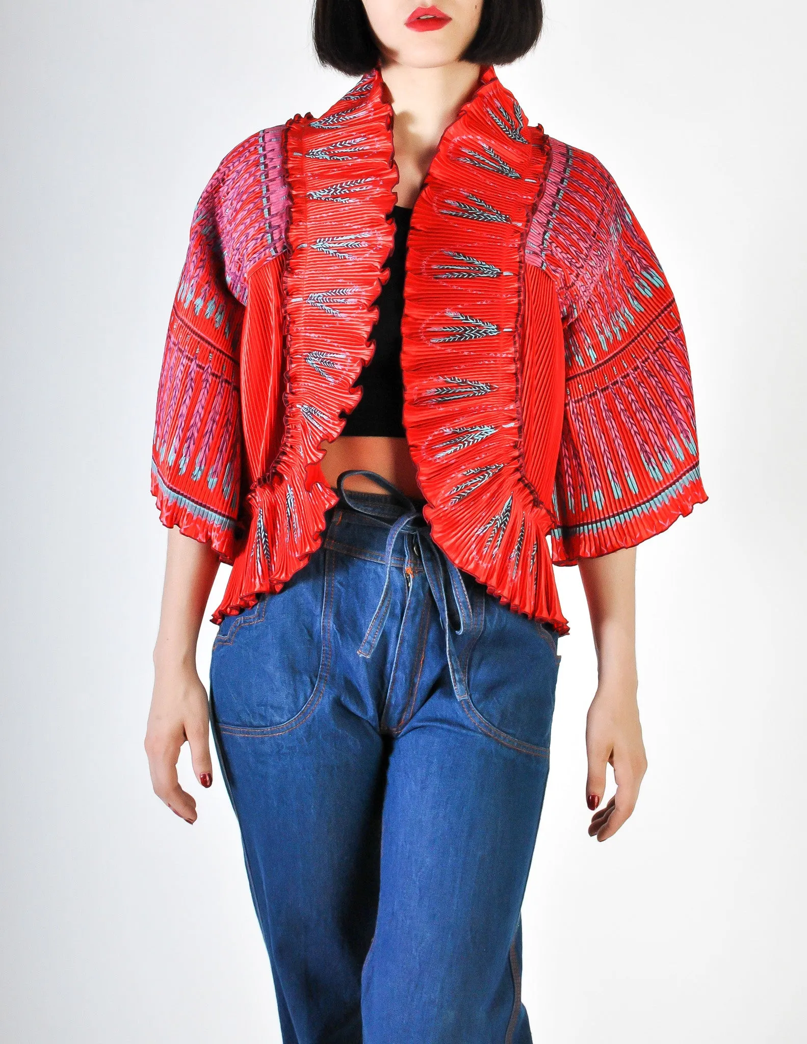 Zandra Rhodes Vintage Red Hand Painted Pleated Jacket