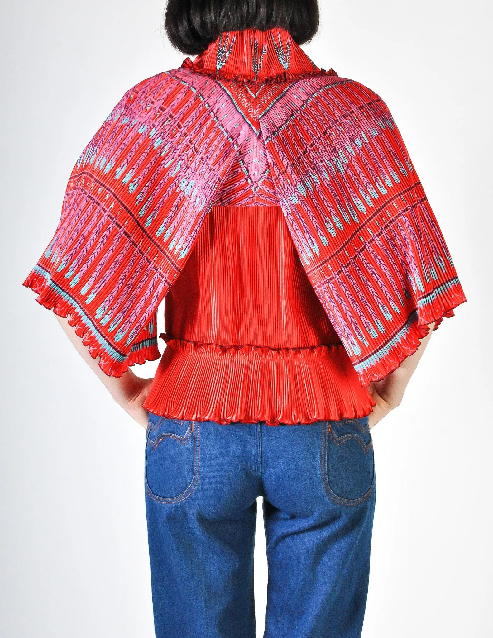 Zandra Rhodes Vintage Red Hand Painted Pleated Jacket